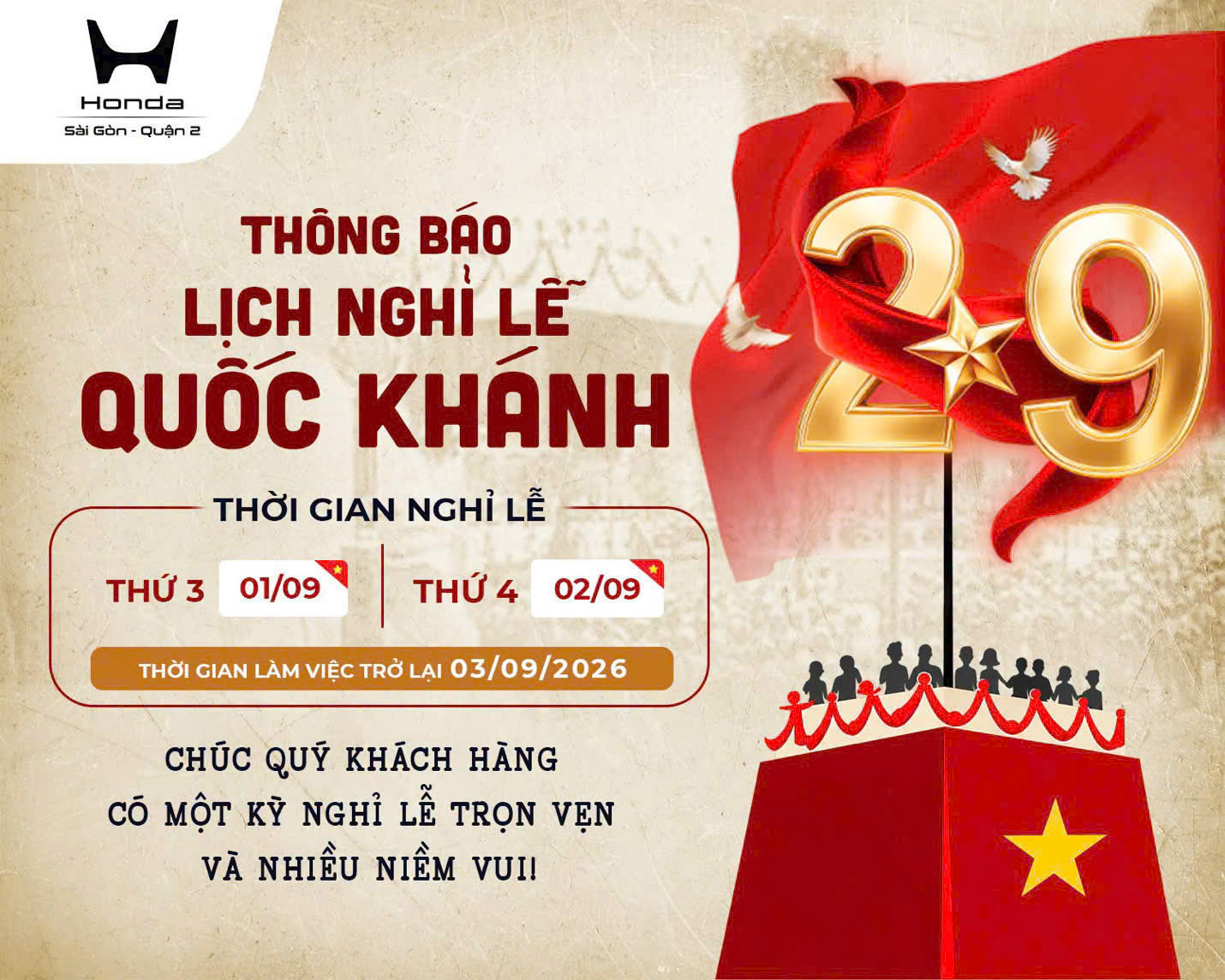 Lịch nghỉ lễ 2/9 của Đại lý Honda Ô tô Sài Gòn Quận 2